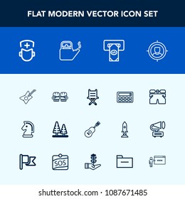 Modern, simple vector icon set with tree, sound, musical, nature, button, environment, business, medicine, forest, furniture, doctor, seat, medical, horse, guitar, landscape, glove, atm, fashion icons
