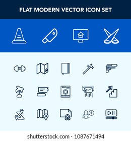 Modern, simple vector icon set with scene, view, map, workout, magician, record, camera, wand, sport, laundry, world, housework, spotlight, fitness, exercise, leaf, page, backdrop, pistol, tv icons