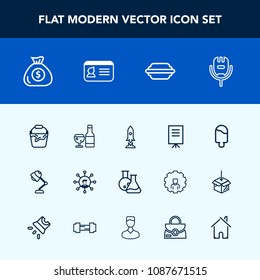 Modern, simple vector icon set with glass, drink, business, song, music, interior, communication, burger, craft, spaceship, technology, lamp, sweet, electricity, microphone, lettuce, equipment icons