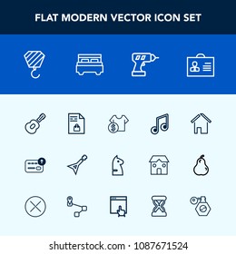 Modern, simple vector icon set with market, equipment, internet, building, bed, woman, house, note, musical, female, notebook, drill, double, business, architecture, horse, chess, perfume, game icons
