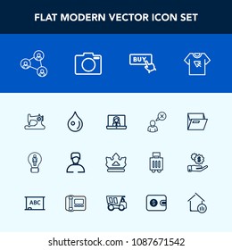 Modern, simple vector icon set with buy, white, office, drop, crown, idea, display, folder, print, internet, screen, royal, video, machine, communication, business, rain, sewing, sew, camera icons
