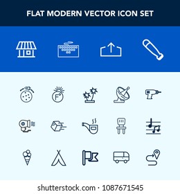 Modern, simple vector icon set with space, shipping, thermometer, vintage, classic, work, baseball, retro, electric, shipment, machine, fahrenheit, communication, travel, package, satellite, fan icons
