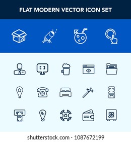 Modern, simple vector icon set with button, file, people, double, drink, window, employee, mobile, browser, bed, map, travel, business, pin, pub, furniture, paper, glass, office, touch, bedroom icons