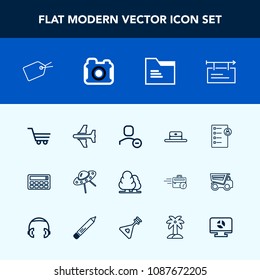 Modern, simple vector icon set with spacecraft, office, airplane, cart, nature, retail, blank, document, job, delete, travel, web, user, shop, banner, plane, technology, file, ufo, button, cap icons