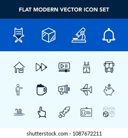 Modern, simple vector icon set with seat, coffee, white, science, road, loud, pointing, button, uniform, work, cafe, microscope, people, alert, wear, interface, architecture, player, rewind, mug icons