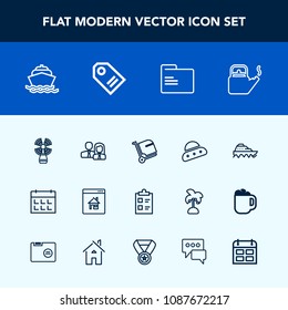 Modern, simple vector icon set with hot, estate, steam, luggage, ocean, yacht, kitchen, ufo, airport, travel, calendar, blank, folder, tick, timetable, mark, day, boat, transport, checklist, bag icons