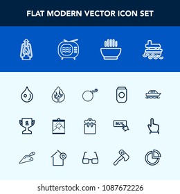 Modern, simple vector icon set with ocean, soup, lamp, container, landscape, achievement, hot, environment, blank, tree, ship, sea, forest, boat, war, drop, people, vintage, frame, yacht, water icons