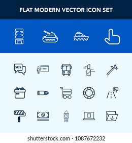 Modern, simple vector icon set with trolley, beauty, bullet, magic, container, safety, white, lipstick, military, buy, cooler, weapon, box, bus, pointer, cart, internet, magician, horizontal, go icons