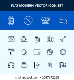 Modern, simple vector icon set with account, signal, communication, curtain, online, building, film, world, bag, brush, map, guitar, computer, currency, camera, internet, finance, tool, price icons