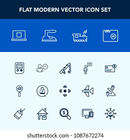 Modern, simple vector icon set with delete, office, unlock, communication, user, find, fishing, arrow, travel, button, profile, internet, rod, person, paper, blank, file, sign, transportation icons