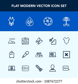 Modern, simple vector icon set with sign, upstairs, up, construction, umbrella, risk, swimsuit, karaoke, home, watch, luggage, bag, vision, sun, label, music, travel, house, bikini, fashion, mic icons