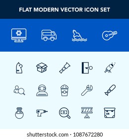 Modern, simple vector icon set with unpacking, left, drink, direction, strategy, exit, web, cosmonaut, chessboard, bottle, coffee, sky, shop, technology, space, music, star, online, computer icons