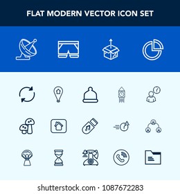 Modern, simple vector icon set with storage, time, business, chart, hat, arrow, antenna, reload, work, nature, estate, clock, cap, white, edible, unpacking, mushroom, building, fashion, home icons