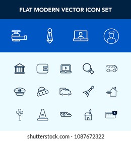 Modern, simple vector icon set with sky, ufo, helicopter, space, van, laptop, call, cap, purse, technology, navy, computer, europe, air, transport, screen, find, money, communication, direction icons
