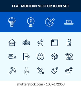 Modern, simple vector icon set with house, transport, escape, summer, storehouse, business, warehouse, distribution, palm, money, helicopter, jump, wing, extreme, web, air, insect, industrial icons