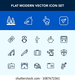 Modern, simple vector icon set with email, surgeon, landscape, people, row, hand, luggage, message, education, environment, fishing, gesture, communication, bank, finger, doctor, hospital, write icons