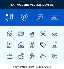 Modern, simple vector icon set with sale, field, identity, leather, oar, bicycle, office, pole, pie, tree, magnetic, eiffel, boat, transportation, nature, landmark, document, fashion, chart, bag icons