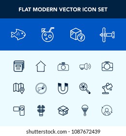 Modern, simple vector icon set with sea, camera, pin, home, food, library, cocktail, airplane, plane, book, package, seafood, white, addiction, equipment, war, drink, summer, pole, travel, no icons