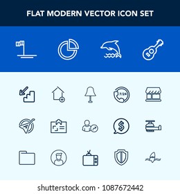 Modern, simple vector icon set with new, dolphin, account, personal, apartment, business, musical, shop, electricity, lamp, house, string, identity, downstairs, property, instrument, wildlife icons