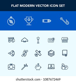 Modern, simple vector icon set with north, jet, money, aircraft, water, horizontal, military, parachuting, hook, airplane, dumper, oar, white, bullet, gun, boat, fish, jetliner, sky, travel, rod icons