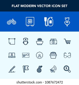 Modern, simple vector icon set with finance, account, nature, transportation, bicycle, web, audio, stick, cart, call, message, hospital, wheel, dish, stereo, video, cycle, retail, blossom, bike icons