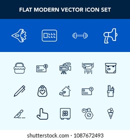 Modern, simple vector icon set with aircraft, home, mail, jetliner, lens, summer, card, food, announcement, speaker, park, post, loud, credit, balance, leather, key, camera, letter, professional icons