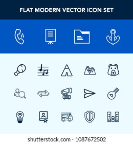 Modern, simple vector icon set with telephone, bear, replace, sound, mobile, replacement, computer, online, music, substitute, fast, camp, snack, cell, chicken, vintage, nautical, account, sea icons