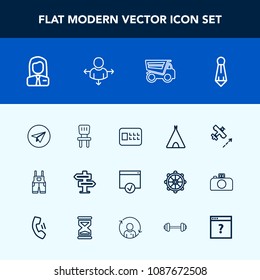 Modern, simple vector icon set with web, job, vehicle, plane, tie, flight, tipper, outdoor, security, business, adventure, employer, travel, hanger, clothing, bank, room, chair, safe, employee icons