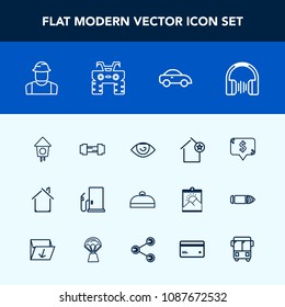 Modern, simple vector icon set with construction, body, person, quad, favorite, transportation, bag, exercise, gas, wooden, taxi, human, music, travel, stereo, sport, car, engineer, oil, home icons