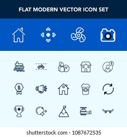 Modern, simple vector icon set with estate, award, place, accounting, wheel, real, ship, technology, loud, house, business, ball, home, loudspeaker, fan, account, photographer, sound, building icons