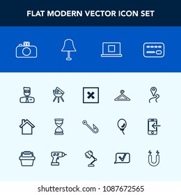 Modern, simple vector icon set with light, sign, time, card, photography, hour, clothing, money, cooking, clock, camera, meat, barbecue, closed, cell, route, navigation, hook, bbq, hourglass icons