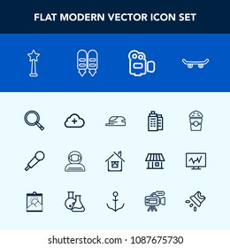 Modern, simple vector icon set with success, estate, science, cafe, architecture, search, home, business, hat, fashion, camera, music, drink, medal, cap, real, sound, spacesuit, cloud, , sign icons