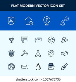 Modern, simple vector icon set with juice, diploma, cocktail, security, camp, protection, ship, success, call, business, online, shield, circle, glass, equipment, vehicle, protect, drink, road icons