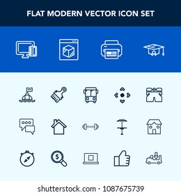 Modern, simple vector icon set with bubble, buoy, transportation, fashion, button, water, shorts, bus, printer, message, cell, gym, white, , payment, school, chat, business, exercise, technology icons