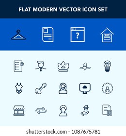 Modern, simple vector icon set with headset, food, success, lock, surf, office, royal, unknown, ocean, bulb, vintage, fashion, shop, surfer, hanger, door, tropical, crown, checklist, call, key icons