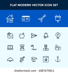 Modern, simple vector icon set with hour, travel, urban, sand, message, music, electricity, notebook, internet, ocean, baja, mexico, web, coin, home, clock, map, ring, road, laptop, investment icons