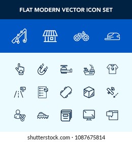 Modern, simple vector icon set with reel, tshirt, sea, transportation, cap, index, extreme, rod, board, road, helicopter, traffic, transport, magnetic, print, fishing, fish, bicycle, hat, field icons