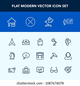 Modern, simple vector icon set with technology, direction, luggage, home, bag, presentation, button, architecture, folk, game, download, speech, travel, suitcase, chessboard, house, meeting, web icons