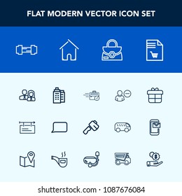 Modern, simple vector icon set with gift, style, fitness, house, screwdriver, real, box, staff, speech, user, exercise, sport, market, gym, shopping, construction, office, leather, late, account icons