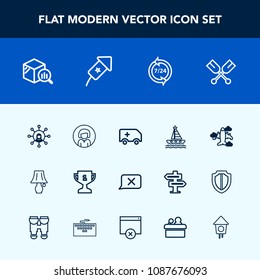 Modern, simple vector icon set with switch, aircraft, closed, operator, rescue, ambulance, award, lamp, emergency, table, airplane, lady, communication, canoe, water, young, ocean, report, place icons