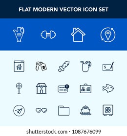 Modern, simple vector icon set with house, pottery, drink, sport, check, technology, air, ventilator, pay, vase, decoration, medieval, mobile, building, key, security, real, weapon, home, jug icons
