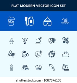 Modern, simple vector icon set with summer, film, cup, drink, travel, concept, mug, chair, camp, loudspeaker, online, room, business, speaker, loud, space, cafe, finance, nature, technology icons