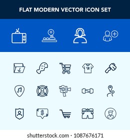 Modern, simple vector icon set with waste, white, target, sign, camera, retail, rubbish, snack, trolley, tv, box, lady, axe, equipment, tool, screen, music, musical, marketing, add, print, user icons