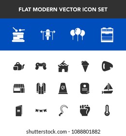 Modern, simple vector icon set with market, teapot, tower, food, drum, store, sign, grocery, coat, fitness, outfit, play, style, ice, dessert, kitchen, oven, game, medieval, sport, street, cream icons