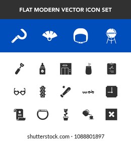 Modern, simple vector icon set with office, safety, ball, entrance, sunglasses, food, meat, traffic, equipment, percussion, harvest, hippie, light, helmet, nutrition, kitchen, harvesting, milk icons