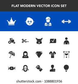 Modern, simple vector icon set with young, childhood, crown, account, jewel, farm, jump, parachute, chat, parasol, face, cut, baby, man, girl, kid, queen, tractor, diamond, communication, delete icons