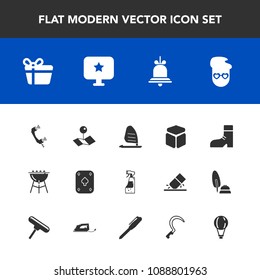 Modern, simple vector icon set with grill, bbq, housework, sea, alarm, barbecue, sign, parachute, star, cooking, present, surf, notification, game, wind, play, footwear, pin, fashion, hipster icons