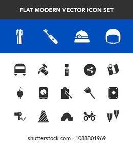 Modern, simple vector icon set with road, energy, belt, liquid, hat, cutlery, transport, dress, fork, travel, location, pin, power, sign, work, gallon, fashion, restaurant, builder, water, care icons