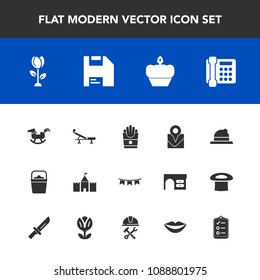 Modern, simple vector icon set with duck, holiday, background, check, horse, toy, object, baby, celebration, fitness, cake, location, headwear, style, handle, floral, fast, phone, seat, map, hat icons