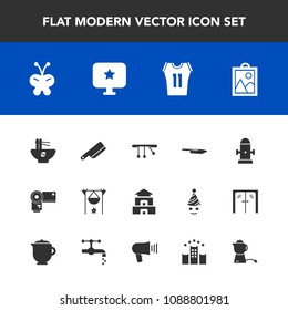 Modern, simple vector icon set with bonfire, travel, sport, meal, butterfly, nature, food, table, pagoda, hot, basketball, insect, temple, photographer, game, computer, image, white, camera icons